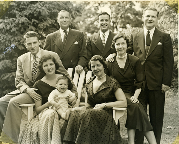 Small family portrait, 1940s. Back row, standing, L to R: Albert Small, Albert H. Small, Julian Behrend Seated, L to R: Morton Alper, Carolyn Alper, Richard Alper, Lillian Small, Helene Behrend