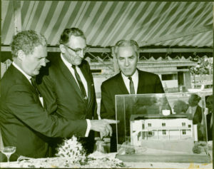 Jewish Historical Society president Henry Brylawski (left) shows model of restored synagogue to Fred Schwengel (middle), President of the U.S. Capital Historical Society, and Rabbi Stanley Rabinowitz (right) of Adas Israel Congregation, 1969. Capital Jewish Museum Collection