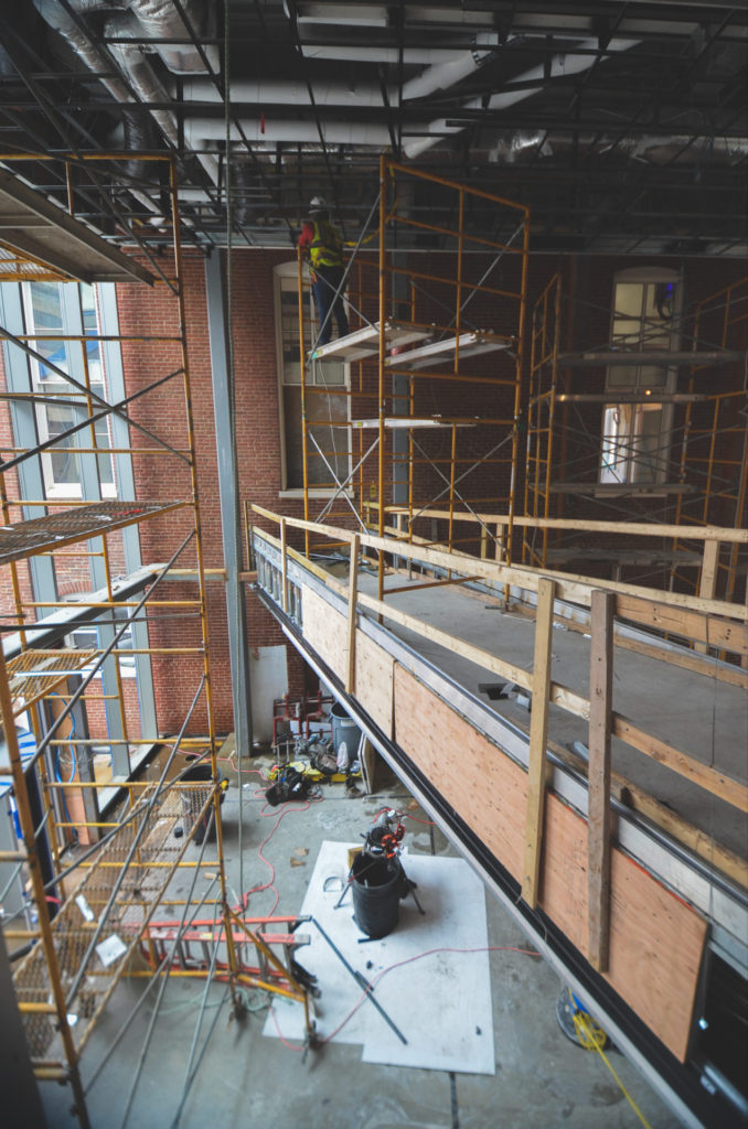 Interior construction in the museum's atrium, as seen from the second floor, April 2022