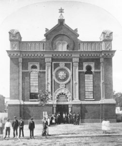 Black and white photo of former Methodist church with a Star of David finial at the top.. Date unknown, post 1863 purchase by Washington Hebrew Congregation.