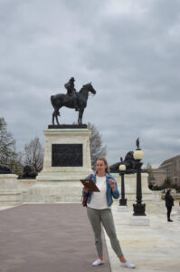 Museum staff at the Ulysses S. Grant memorial during a walking tour, April 2022